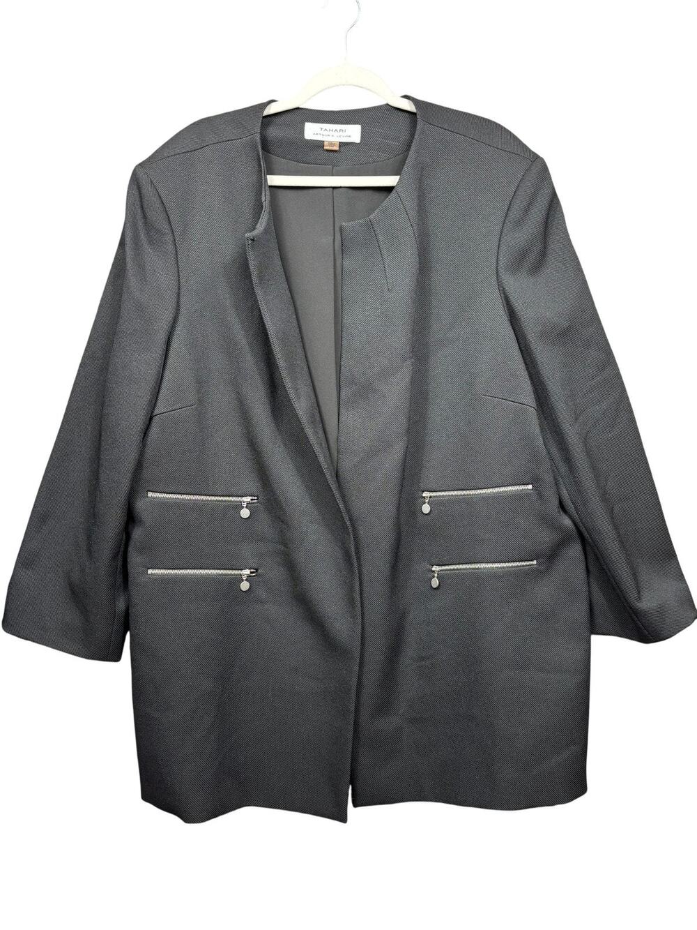 Tahari Arthur S Levine Jacket Womens 24W Black Zip Pocket Open Front Blazer